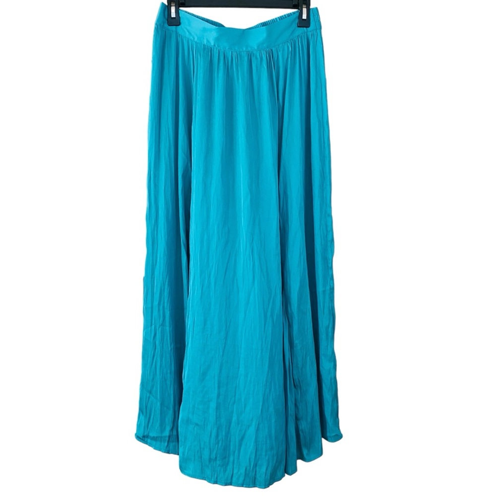 Chico’s NWT Dark Aqua Solid Satin Stretch Waist Flowy Maxi Skirt Size 6 - Picture 3 of 7